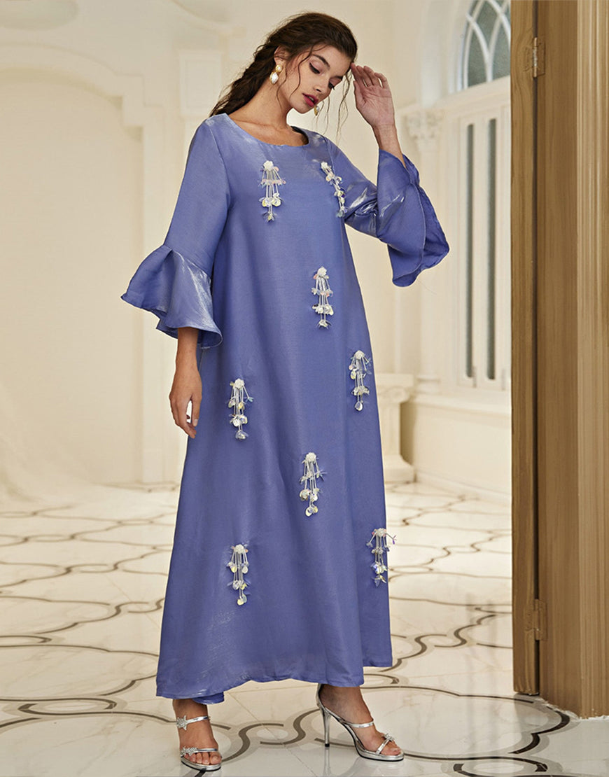 Robe A-Line Vintage en Satin avec Col Rond Manches Longues à Volants