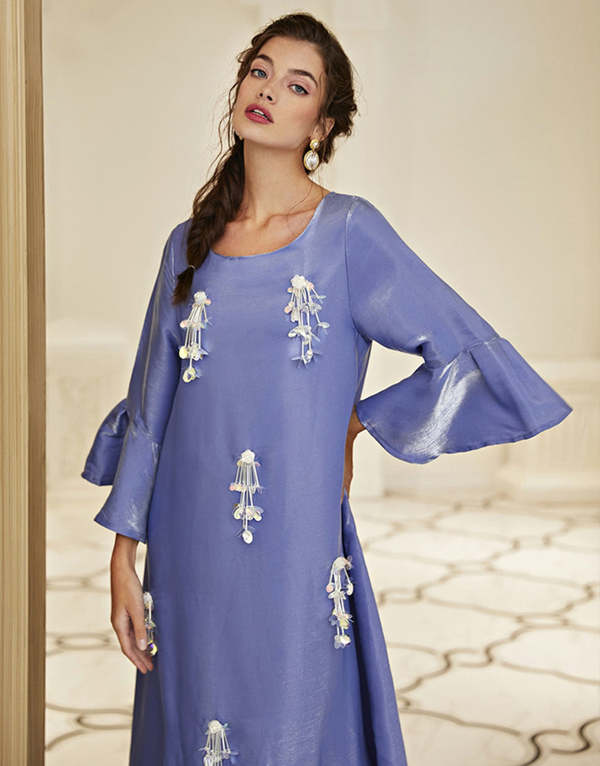 Robe A-Line Vintage en Satin avec Col Rond Manches Longues à Volants