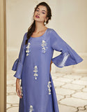 Robe A-Line Vintage en Satin avec Col Rond Manches Longues à Volants