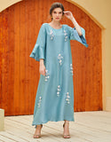 Robe A-Line Vintage en Satin avec Col Rond Manches Longues à Volants