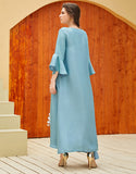 Robe A-Line Vintage en Satin avec Col Rond Manches Longues à Volants