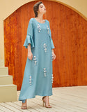Robe A-Line Vintage en Satin avec Col Rond Manches Longues à Volants