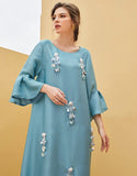 Robe A-Line Vintage en Satin avec Col Rond Manches Longues à Volants
