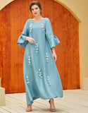 Robe A-Line Vintage en Satin avec Col Rond Manches Longues à Volants