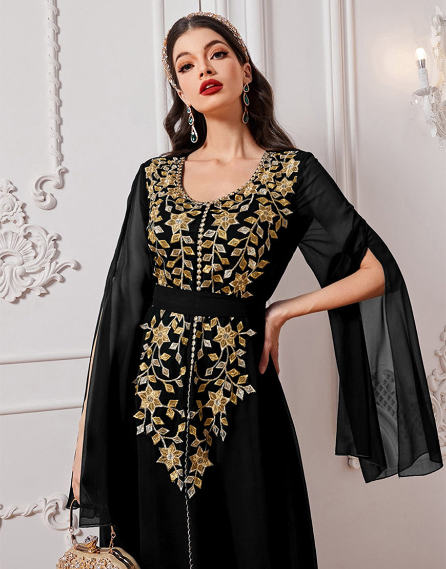 Robe A-Line Élégante en Tissu Tissé avec Appliqué Floral