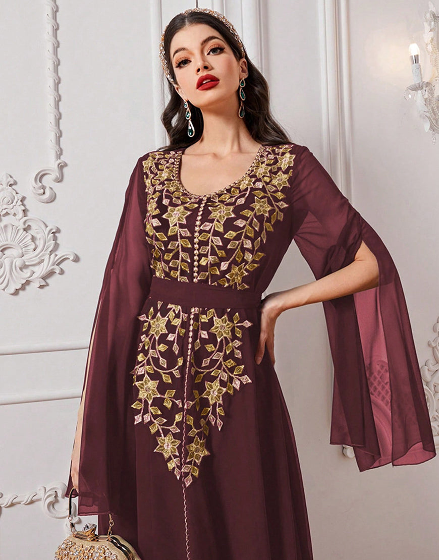 Robe A-Line Élégante en Tissu Tissé avec Appliqué Floral