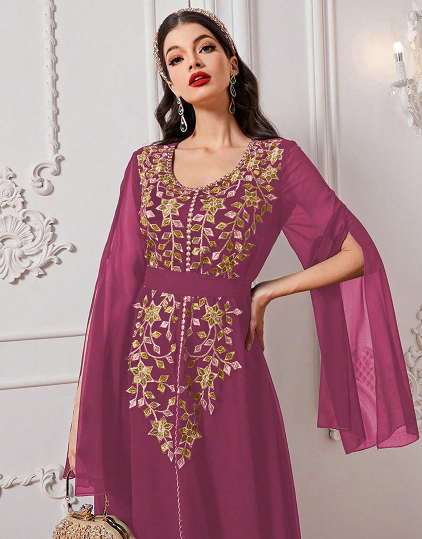 Robe A-Line Élégante en Tissu Tissé avec Appliqué Floral