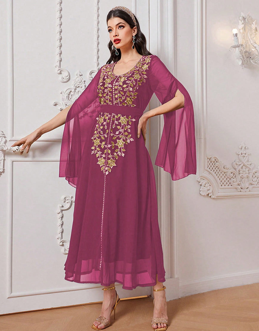 Robe A-Line Élégante en Tissu Tissé avec Appliqué Floral