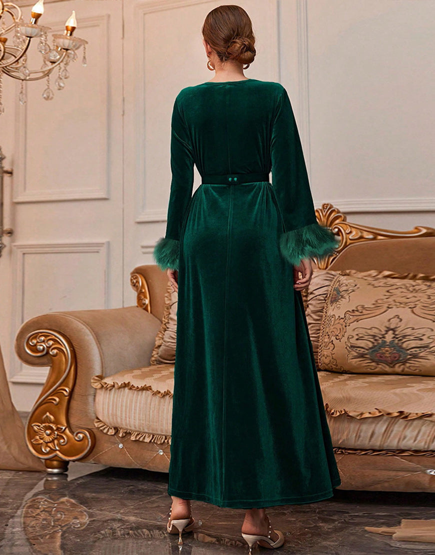 Robe A-Line Vintage en Velours Élégant avec Manches Longues Évasées