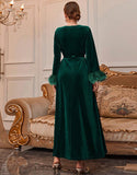 Robe A-Line Vintage en Velours Élégant avec Manches Longues Évasées