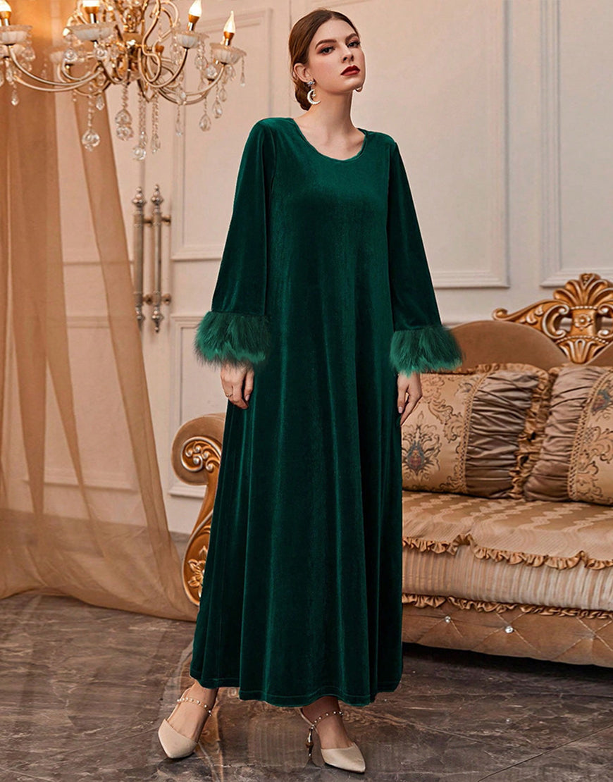 Robe A-Line Vintage en Velours Élégant avec Manches Longues Évasées