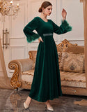 Robe A-Line Vintage en Velours Élégant avec Manches Longues Évasées