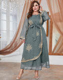 Robe A-Line Classique à Col Rond avec Manches Longues et Appliqué Floral