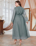 Robe A-Line Classique à Col Rond avec Manches Longues et Appliqué Floral