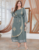 Robe A-Line Classique à Col Rond avec Manches Longues et Appliqué Floral