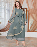 Robe A-Line Classique à Col Rond avec Manches Longues et Appliqué Floral