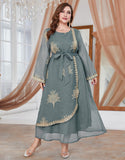 Robe A-Line Classique à Col Rond avec Manches Longues et Appliqué Floral