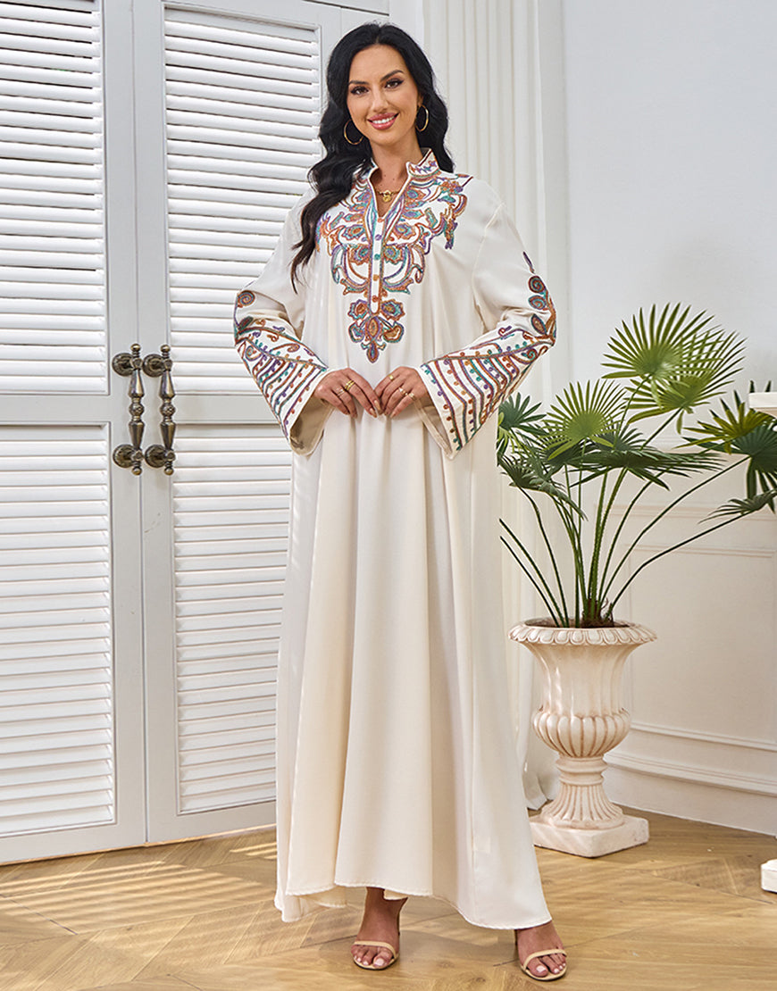 Robe Longue Élégante avec Manches Longues Broderie et Volants