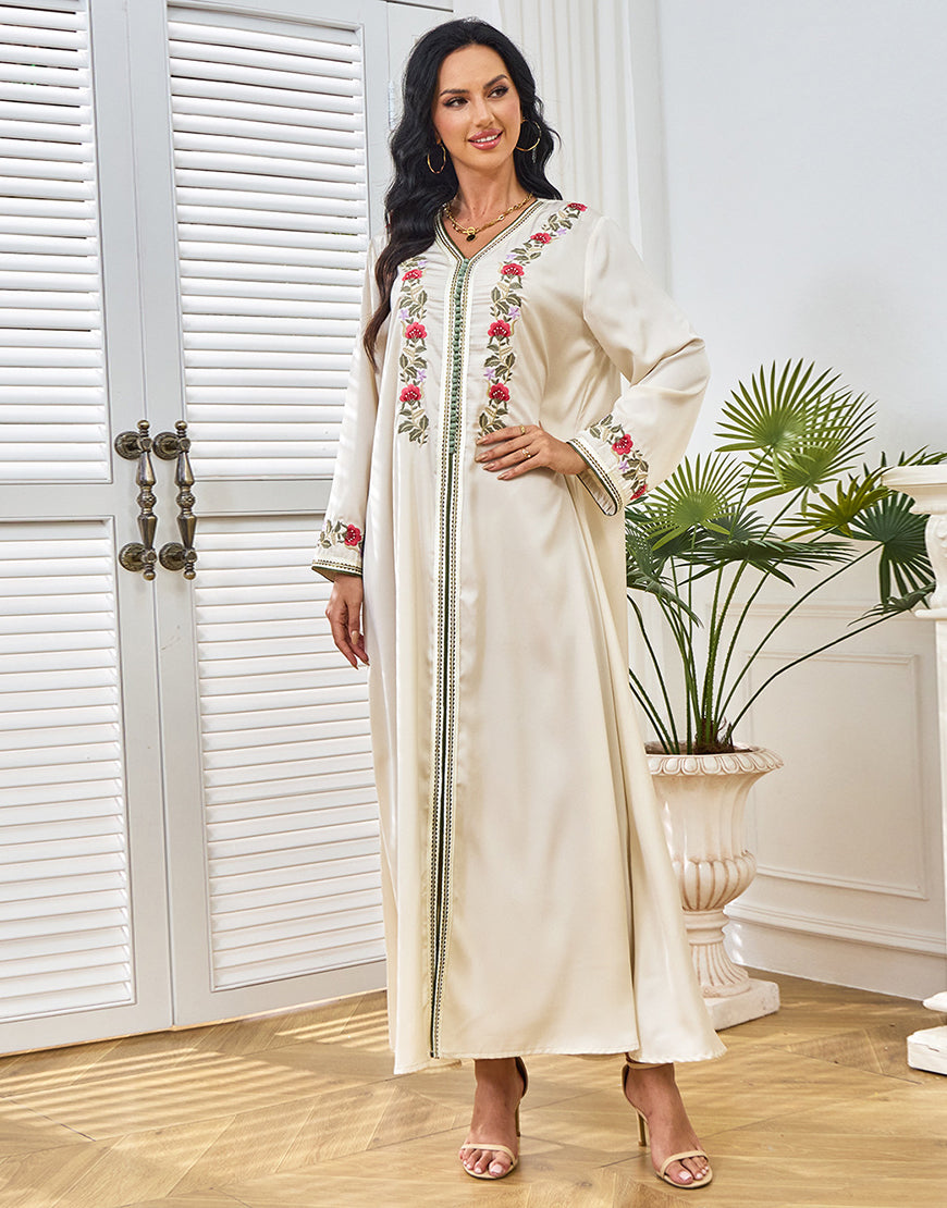 Robe A-Line Élégante en Coloris Abricot avec Col V