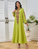 Robe Longue Élégante avec Col V, Manches Longues et Broderie Motif Abstrait