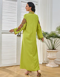 Robe Longue Élégante avec Col V, Manches Longues et Broderie Motif Abstrait