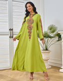 Robe Longue Élégante avec Col V, Manches Longues et Broderie Motif Abstrait