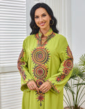 Robe Longue Élégante avec Col V, Manches Longues et Broderie Motif Abstrait