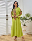 Robe Longue Élégante avec Col V, Manches Longues et Broderie Motif Abstrait