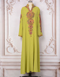 Robe Longue Élégante avec Col V, Manches Longues et Broderie Motif Abstrait