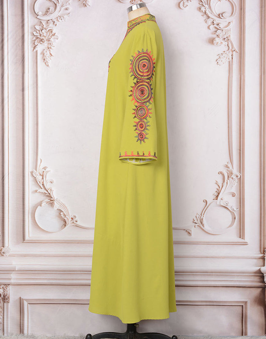 Robe Longue Élégante avec Col V, Manches Longues et Broderie Motif Abstrait