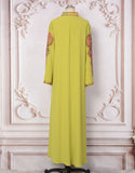 Robe Longue Élégante avec Col V, Manches Longues et Broderie Motif Abstrait
