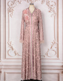 Robe Longue Élégante avec Manches Évasées Broderie Florale et Appliqués en Or