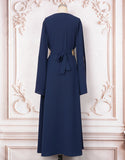 Robe Longue Élégante avec Col V Manches Longues Appliqués Floraux et Détails en Perles
