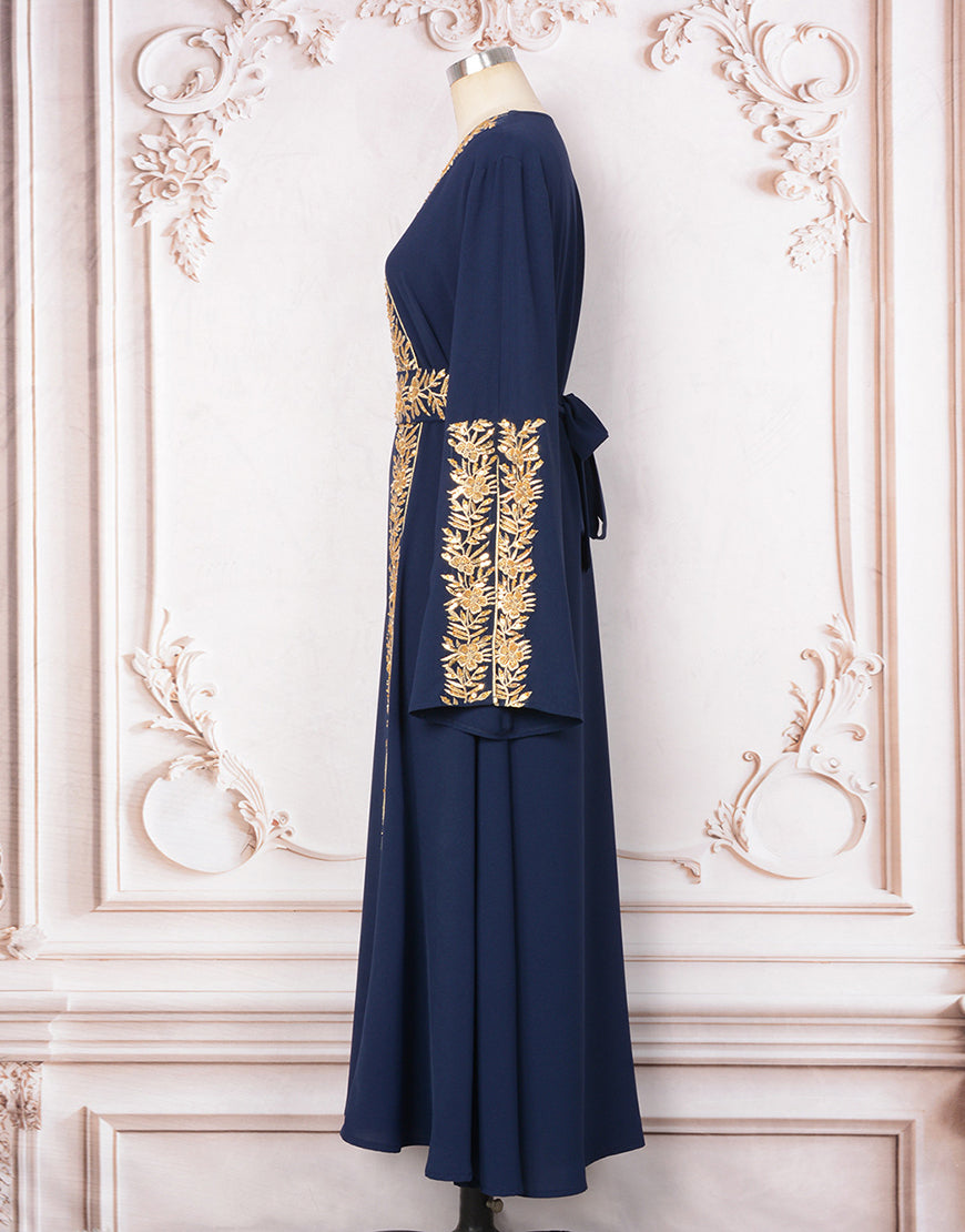 Robe Longue Élégante avec Col V Manches Longues Appliqués Floraux et Détails en Perles