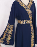 Robe Longue Élégante avec Col V Manches Longues Appliqués Floraux et Détails en Perles