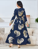 Robe Longue Élégante avec Col V Manches Évasées Broderie et Imprimé Doré