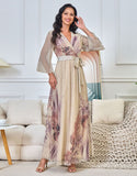 Robe Longue Élégante à Imprimé Coloré avec Manches Évasées et Ceinture