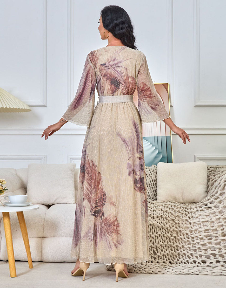Robe Longue Élégante à Imprimé Coloré avec Manches Évasées et Ceinture