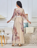 Robe Longue Élégante à Imprimé Coloré avec Manches Évasées et Ceinture