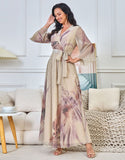 Robe Longue Élégante à Imprimé Coloré avec Manches Évasées et Ceinture