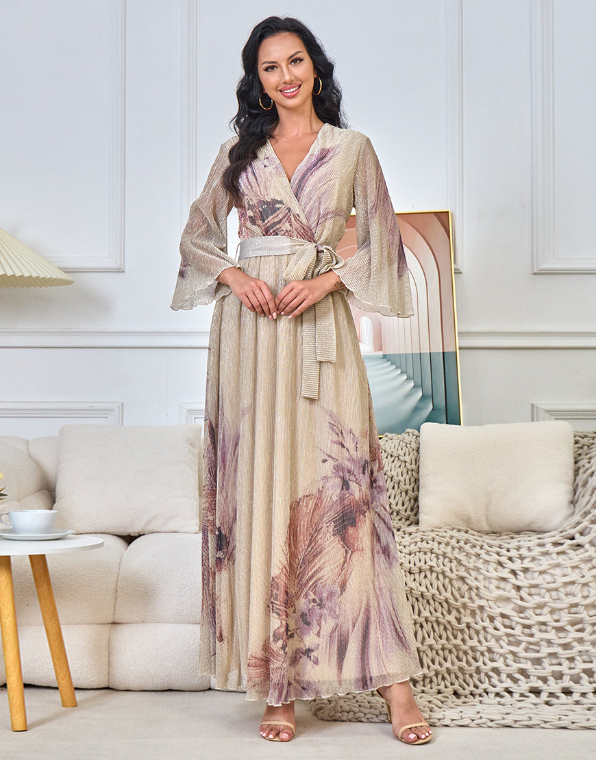 Robe Longue Élégante à Imprimé Coloré avec Manches Évasées et Ceinture