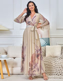 Robe Longue Élégante à Imprimé Coloré avec Manches Évasées et Ceinture