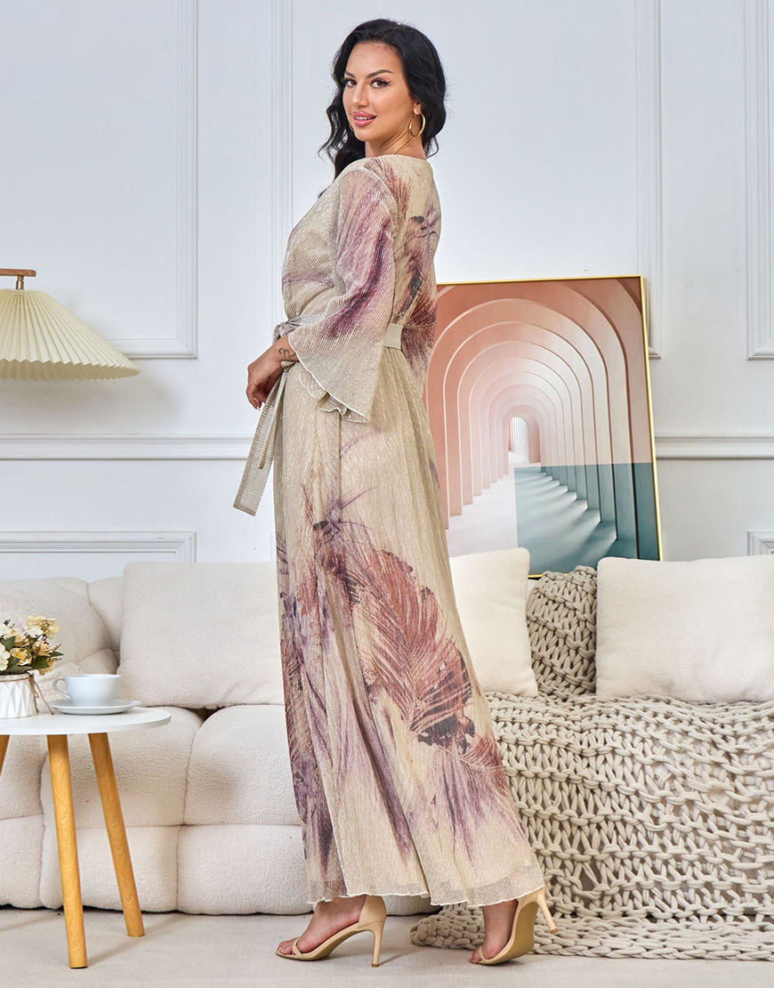 Robe Longue Élégante à Imprimé Coloré avec Manches Évasées et Ceinture