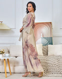 Robe Longue Élégante à Imprimé Coloré avec Manches Évasées et Ceinture