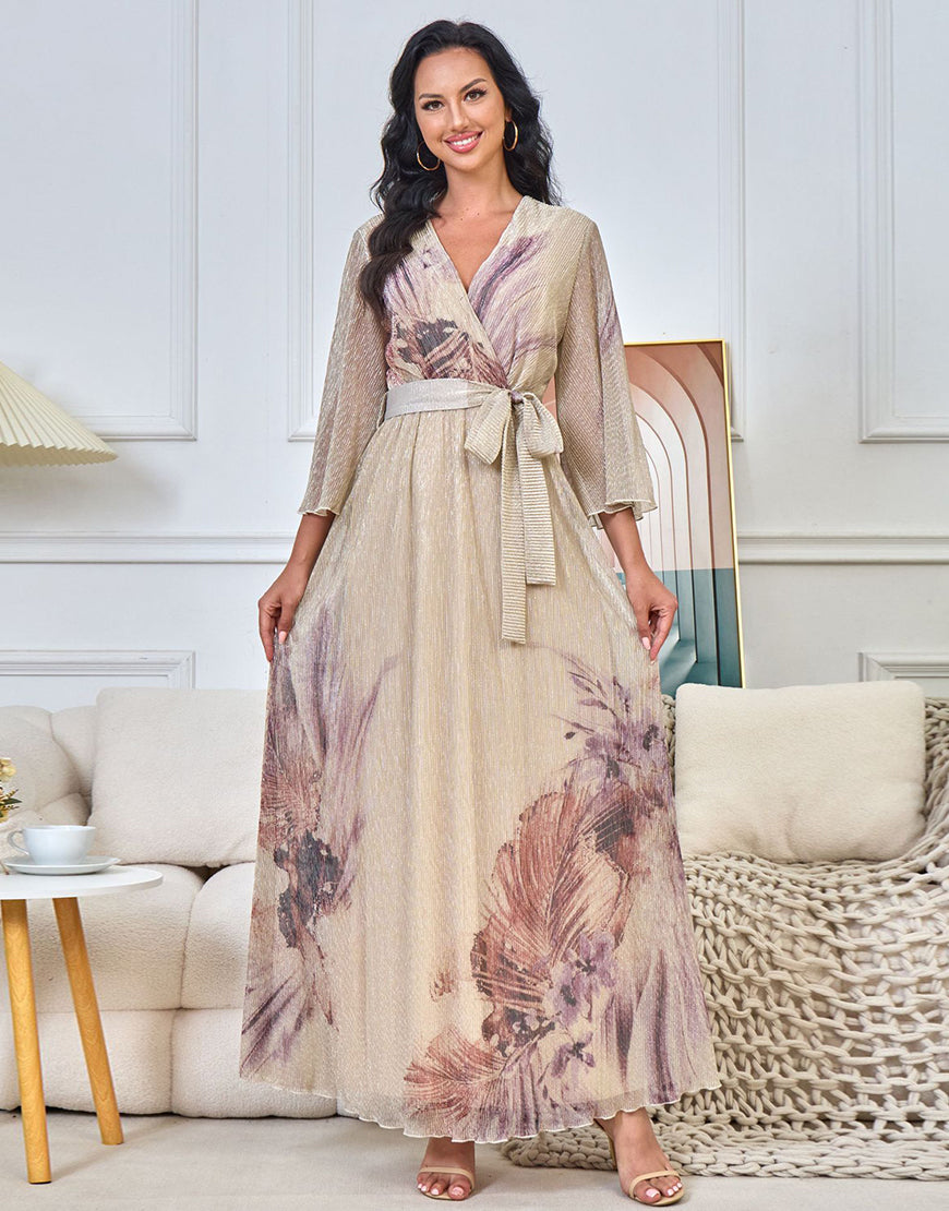 Robe Longue Élégante à Imprimé Coloré avec Manches Évasées et Ceinture