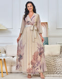 Robe Longue Élégante à Imprimé Coloré avec Manches Évasées et Ceinture