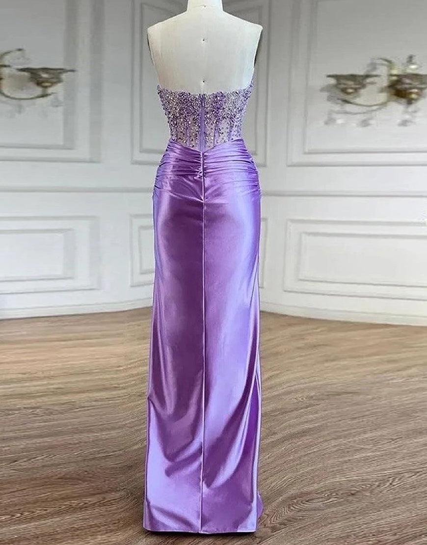 Robe de bal longue fendue avec applique de dentelle en forme de cœur, fourreau violet