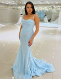 Robe de bal en paillettes de spaghettis de sirène bleu ciel