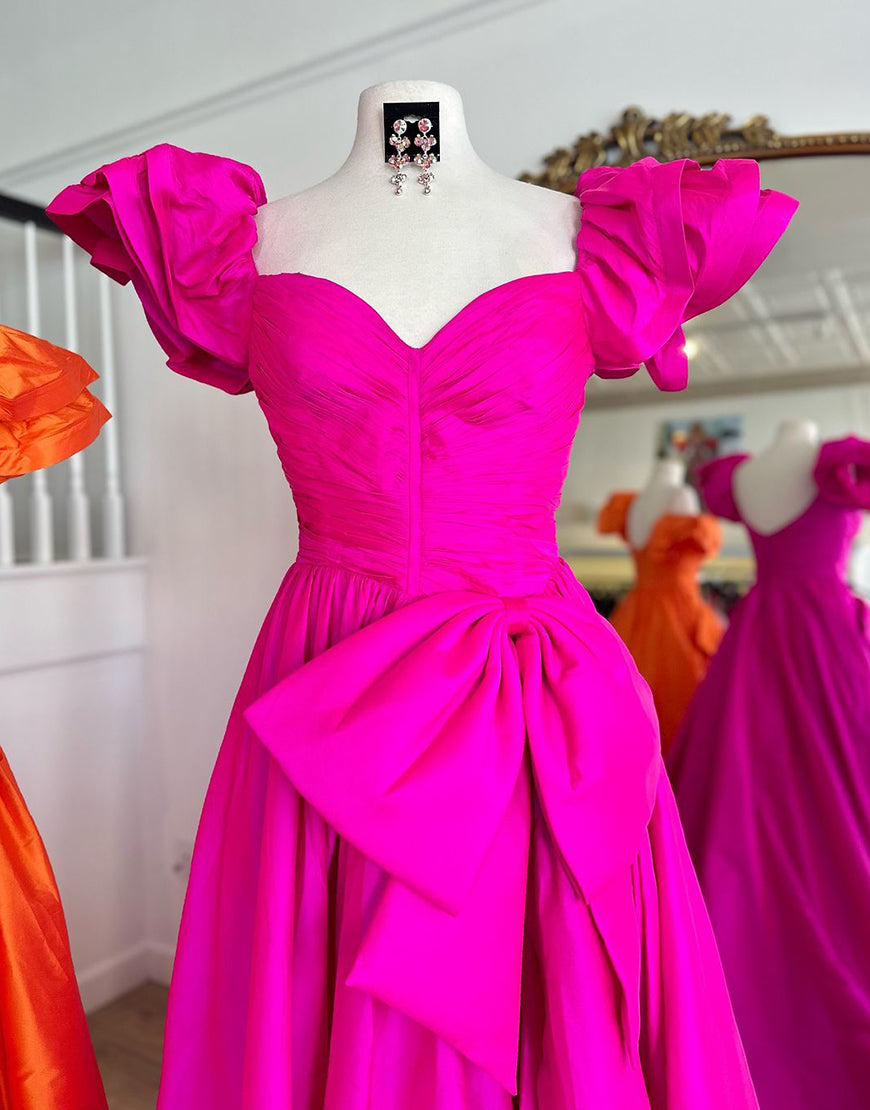 Robe de bal fuchsia en ligne A, avec manches bouffantes courtes, encolure en cœur et nœud papillon