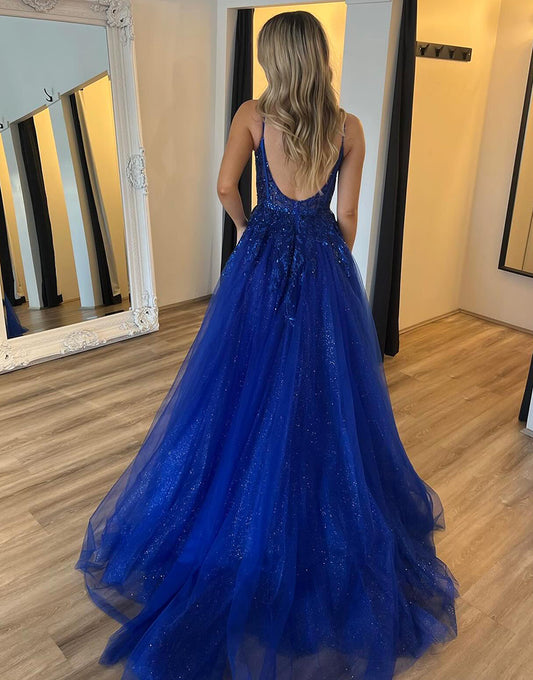 Robe de bal en forme de A bleu royal avec applique de spaghettis et fente